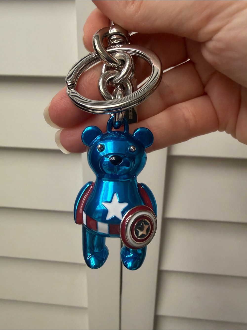 Coach Blue Metallic Bear Shield Keychain